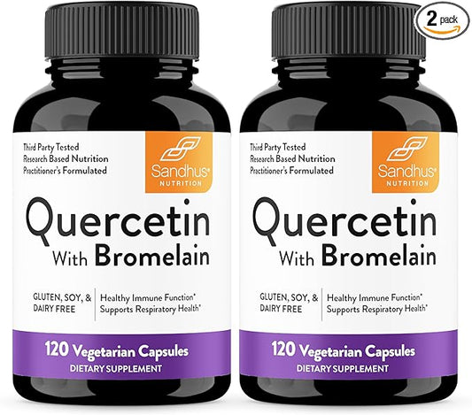 Sandhu's Quercetin with Bromelain Vegetarian Capsules Supplements 120 Count (Pack of 2) | Bioflavonoids for Immune Support & Respiratory Health, Seasonal Allergy Support | Quercitin for Men and Women