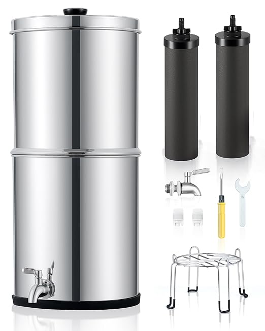 2.25 Gal Gravity Fed Water Filter System - Countertop Stainless Steel Countertop Water Filtration System, Gravity Water Purifier with 2 Carbon Filters NSF/ANSI 42 Certification