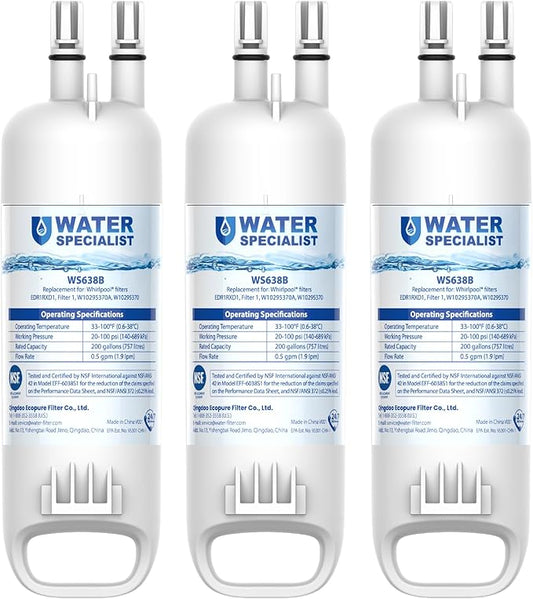 Waterspecialist EDR1RXD1 Water Filter,Replacement for W10295370A, Everydrop® Filter 1, EDR1RXD1B, P8RFWB2L, P4RFWB, Kenmore® 46-9081, 46-9930, Refrigerator Water Filter, 3 Filters