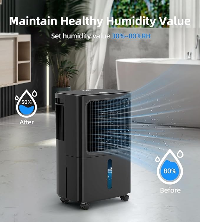 2500 Sq.Ft Dehumidifiers for Home with Drain Hose Max 34 Pints, VEAGASO Dehumidifier for Basement, Bathroom, Bedroom, Three Modes, Intelligent Humidity Control, Dry Clothes, 24HR Timer (BLACK)