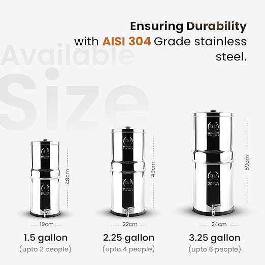 2.25 Gallon Water Filter AISI 304 Stainless Steel Gravity Fed Water Filter System, NSF Certified 2 Smart Carbon Filter Elements, Free Stainless Steel Stand & Water Spigot