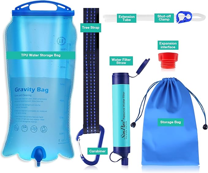 SimPure Gravity Water Filter, Portable Gravity-Fed Water Purifier with 3L Bag, Tree Strap, BPA Free Survival Gear and Equipment for Camping Hiking Emergency Preparedness