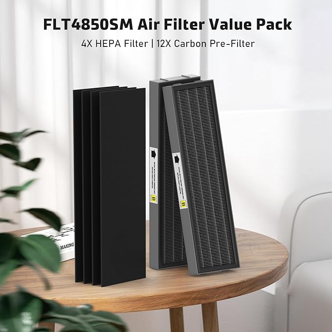 Filter B Smoke Clear HEPA Replacement Compatible with AC4825 AC4300 AC4800 AC4900 AC4850, 4 True HEPA Filters & 12 Activated Carbon Pre-Filters, FLT4825SM, Black/Gray