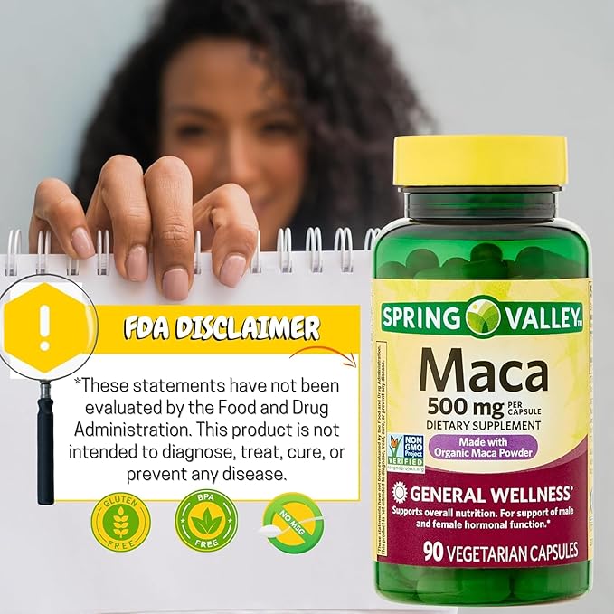Maca Root 500 mg Capsules • General Wellness & Vitality Support • Vegetarian • 90 Count by Spring Valley + Vena’s Sticker (Pack of 2)