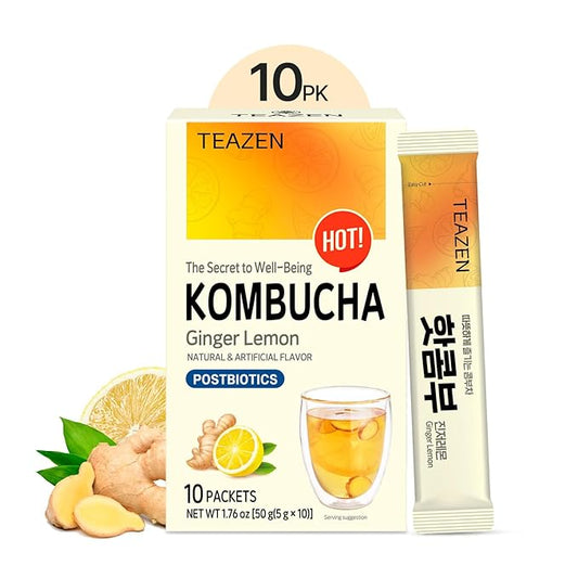 TEAZEN Lemon Ginger Hot Kombucha Tea, Spice Tea, Live Probiotics & Postbiotics, Relaxation and Warmth for Colds and Sore Throat, Hydration Drink Mix, Sugar Free, 10 Sticks, 1.76oz