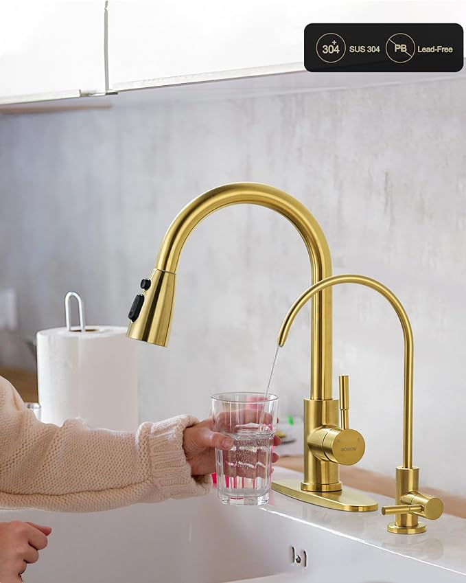 Kitchen Faucet and Water Filter Faucet Combo, WOWOW Stainless Steel Kitchen Sink Faucet with Drinking Water Faucet for Reverse Osmosis or Water Filtration System, Brushed Gold