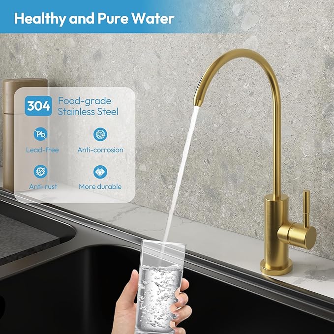 Reverse Osmosis Faucet, Filtered RO Drinking Water Faucet for Kitchen Sink, Non-Air Gap, 360-degree Rotation, Lead-Free, 304 Stainless Steel, Brushed Gold