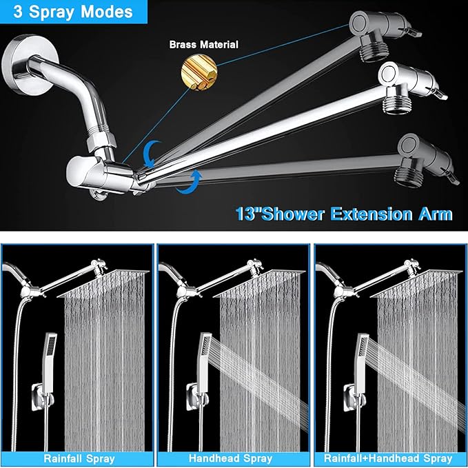 All Metal 12'' Rain/Rainfall Shower Head with Handheld Spray Combo, High-Pressure Square Shower Head with 13'' Extension Arm, Dual Chrome Shower Heads with 78'' Hose, Waterfall Showerhead