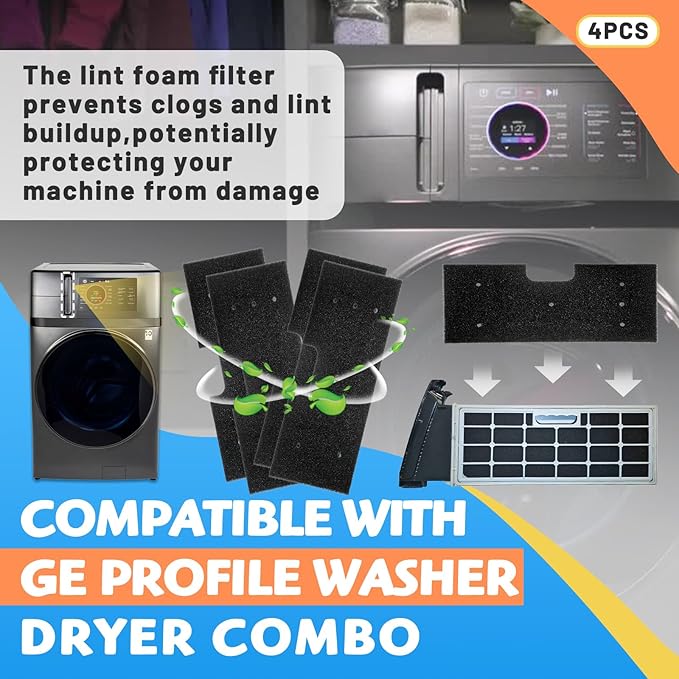 4Pack Lint Filter WH01X35719 Compatible with GE Profile Washer Dryer Combo Models PFQ97HSPVDS, Hand Washable and Reusable, Dryer Lint Filter Replacement