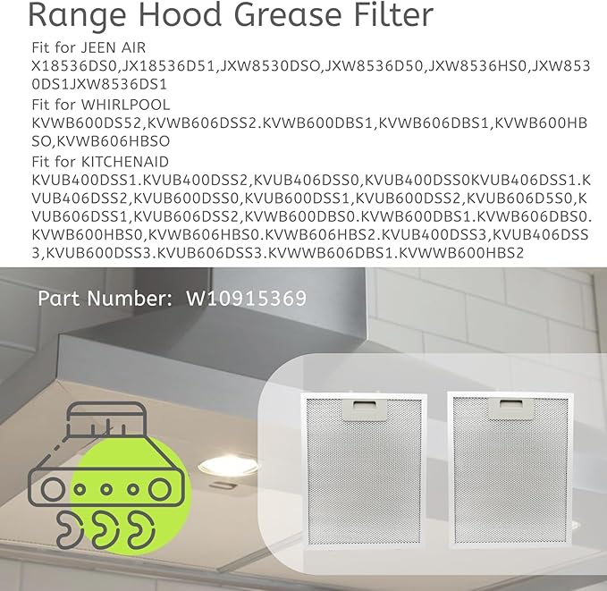 2Pcs W10915369 Range Hoo Grease Filter Fit for Whirlpool Kitchen Aid Jenn Air Range Hood Mesh Grease Vent Filters Length 8.74 Inches Width 7.48 Inches 5-layer Aluminum Alloy Material