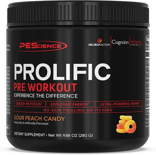 PEScience Prolific Pre Workout Powder for Men & Women with L-Citrulline Nitric Oxide Booster, Energy Powder & Nootropic for Focus – Preworkout Without Beta Alanine – 40 Scoops, Sour Peach Candy