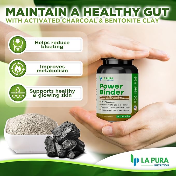 LaPura Power Binder Blend – Detox & Cleanse with Activated Charcoal, Organic Chlorella Powder & Slippery Elm Extract – Helps Alleviate Gas & Bloating – Promotes Natural Detoxification - 90 Capsules