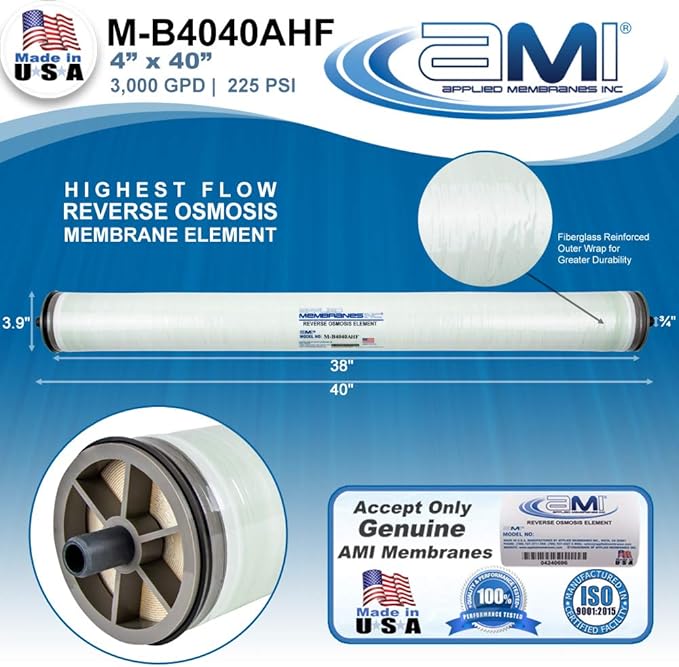 4x40 Reverse Osmosis Membrane Element for Tap or Brackish Water | High Flow 3,000 GPD at 225 psi | 99.5% Rejection | Replacement Commercial RO Membrane | Applied Membranes USA M-B4040AHF