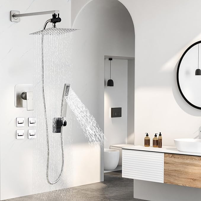 Shower Head Combo, 8 Inch Rain Shower Head with Handheld High Pressure Rainfall Shower Heads System, 15 Inch Shower Adjustable Extension Arm, Brushed Nickel