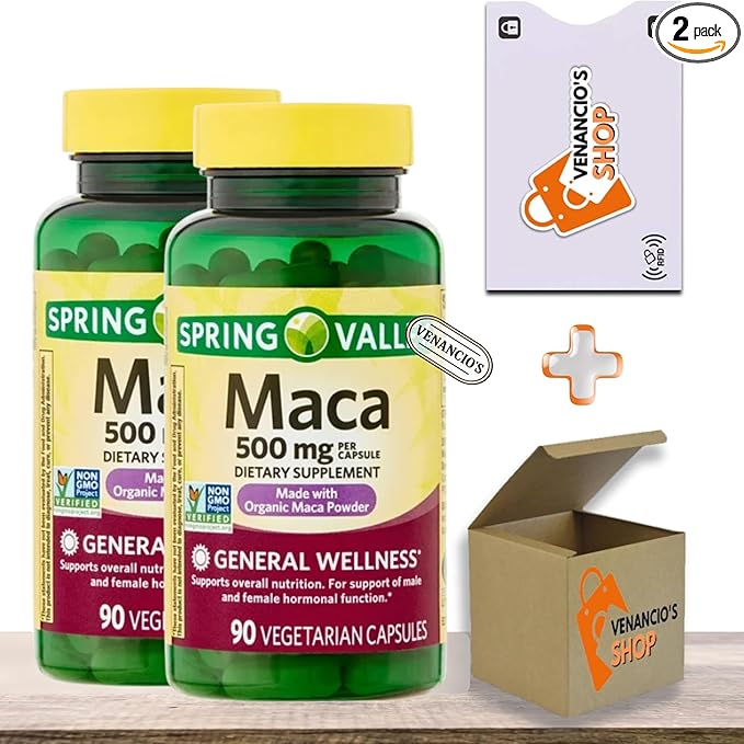 Maca Root 500 mg Capsules • General Wellness & Vitality Support • Vegetarian • 90 Count by Spring Valley + Vena’s Sticker (Pack of 2)
