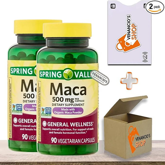 Maca Root 500 mg Capsules • General Wellness & Vitality Support • Vegetarian • 90 Count by Spring Valley + Vena’s Sticker (Pack of 2)
