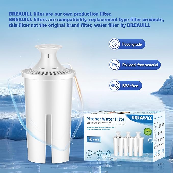 Replacement for Brita® Water Filter, Pitchers and Dispensers, NSF Certified Water Filter Replacement for Brita® Classic, OB03, Mavea® 107007 35557, 3 PCS Water Pitcher Filter