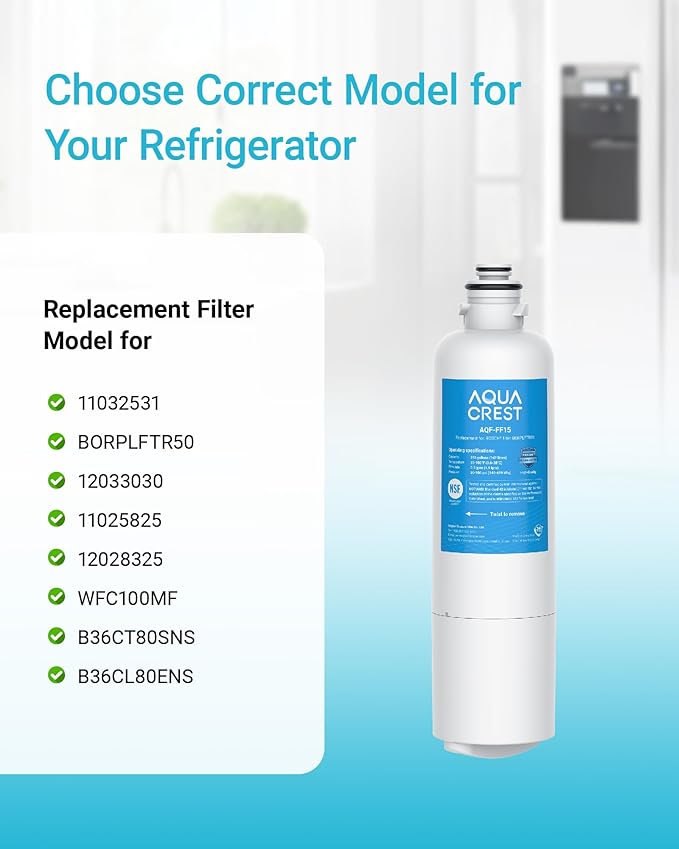 AQUA CREST 11032531 Replacement for Bosch® UltraClarity® Pro BORPLFTR50, 12033030 Refrigerator Water Filter, Compatible with 11025825, 12028325, BORPLFTR55, REPLFTR50, B36CT80SNS, WFC100MF, 1 Pack