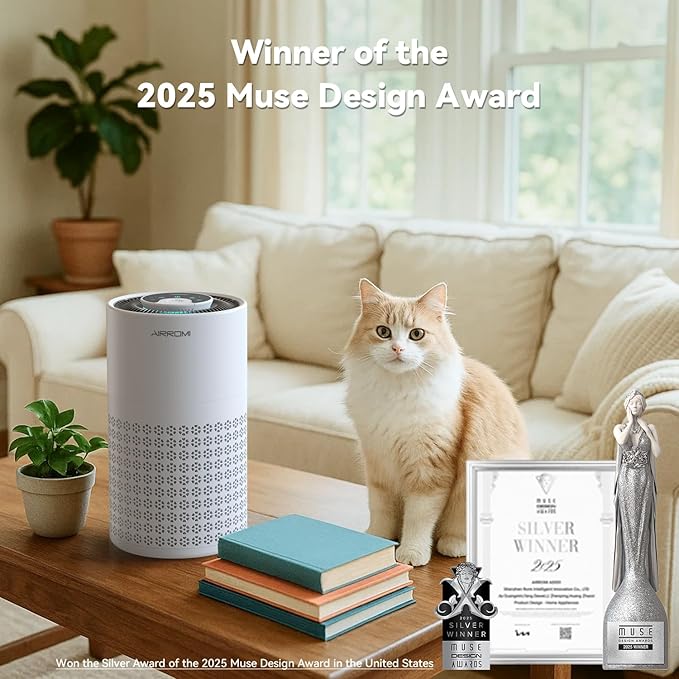 AIRROMI Air Purifier for Bedroom with HEPA 3-in-1 Filter, Pet Air Purifier for Home Cat Pee Smell, Covers Upto 990 Ft², Quiet 360° intake Air Cleaner for pet hair,allergies,Dust,Smoke A2001 White