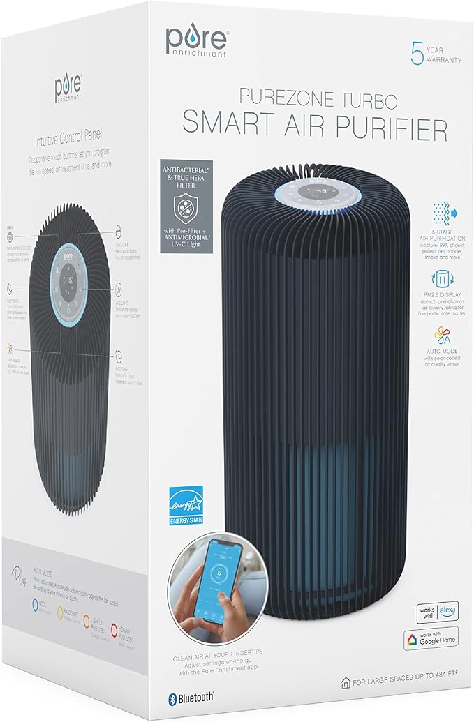 Pure Enrichment PureZone Turbo Smart Air Purifier for Large Rooms (1050 sq. ft. in 30 min.) - Energy Star Rated, 5 Stage Filtration, Smartphone Compatible, Traps Germs, Smoke, & Dust (Graphite)