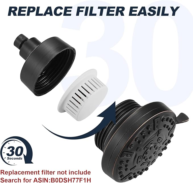 High Pressure Shower Filter Head Oil Rubbed Bronze Fixed Shower Head 7 Settings, 4.9" Bathroom Rain Shower Head with Enhanced Filter for Hard Water, Reduces Chlorine and Harmful Substances