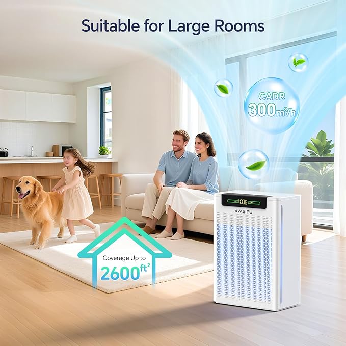 AMEIFU Air Purifiers for Home Large Room, Up to 2600 ft² with Smart WiFi APP Control, Hepa Air Purifier with Washable Filters, PM 2.5 Display for Bedroom, Pets Hair, Pollen, Dander, Smoke
