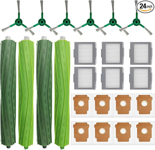 24 Pcs Replacement Parts for iRobot Plus 504 Vac, for iRobot Max 705 Vac Robot Vacuum Accessories Kit, 2 Set Rubber Brush, 6 Side Brush, 6 HEPA Filters, 8 Dust Bags