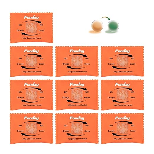 100Gram 10Packets Fonday Rechargeable Silica Gel Desiccant Packets Food Grade Fast Reactivate Desiccant Bags Moisture Indicating Orange to Green