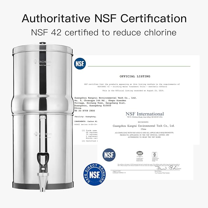 Gravity-fed Water Filter System, Reduces Lead and up to 99% of Chlorine, NSF/ANSI 42&372 Standard, with 2 Black Carbon Filters and Metal Water Level Spigot and Stand, 2.25G Countertop System