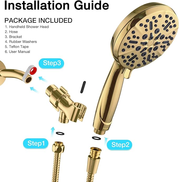 Gold Shower Head with Handheld High Pressure – The High Flow Rain Showerhead with Extra 60" Long Hose and Adjustable Overhead Brass Holder Anti-Clog Silicone Nozzles – Upgrade your Luxurious Bathroom