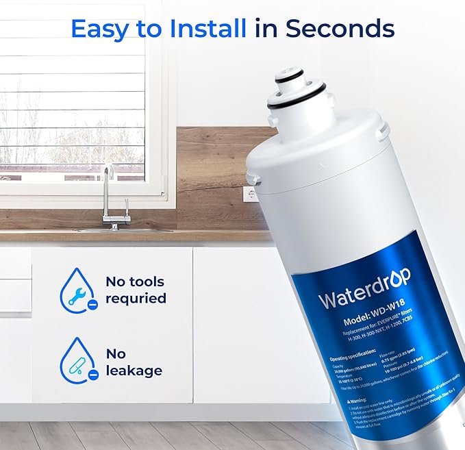 Waterdrop H-300 Under Sink Water Filter, 24000 Gallons, Replacement Cartridge for Everpure H-300, H-300-NXT, 7CB5, EV9270-71, EV9270-72, EV9618-11, EV9855-50, EV9282-01, Pack of 1