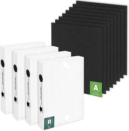 HPA100 Replacement Filters for Honeywell Air Purifier,Compatible with HPA100,HPA094, HPA104, HPA105 HPA3100, HPA5100,4 True HEPA R Filter + 8 Activated Carbon Pre-Filter A,Part No. HRF-ARVP100