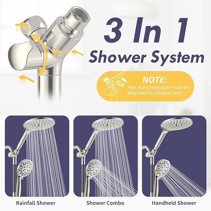 Dual Shower Heads with Handheld Spray, 7.5" Rainfall Shower Head with Handheld Combo, High Pressure Double Shower Heads with Handheld Spray, 9 Modes Showerhead with 78" Hose (Brushed Nickel)