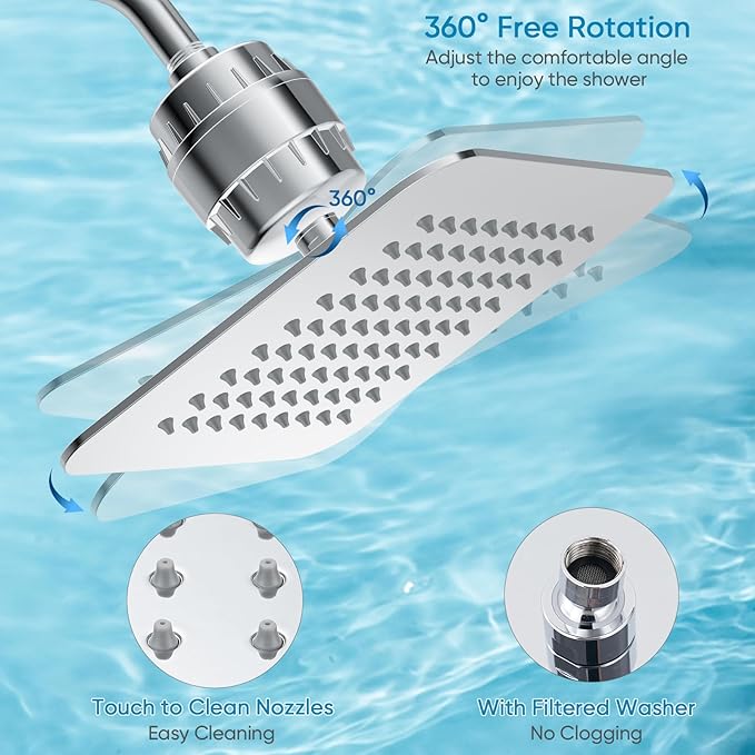 8'' High Pressure Filtered Shower Head Combo 20 Stage Shower Filter for Hard Water, Removes Chlorine & Harmful Substances (Chrome Polished)