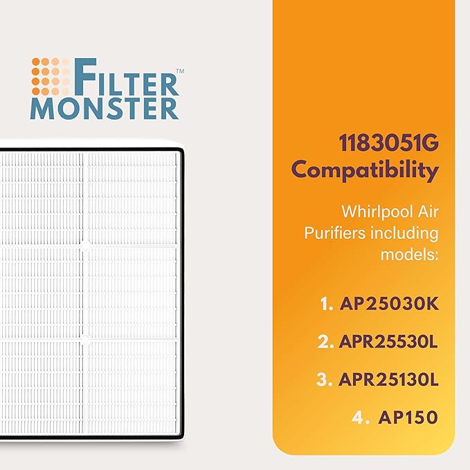 Filter-Monster True HEPA Replacement Filter Compatible with Whirlpool 1183051K Air Purifier for Models AP25030K, APR25530L, APR25130L, AP150
