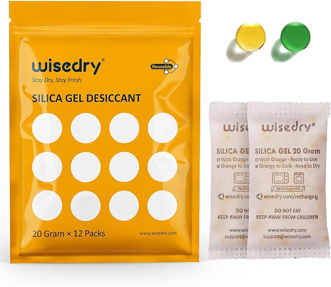 wisedry 20 Gram [12 Packs] Rechargeable Silica Gel Packets Microwave Fast Reactivate in 2MINS Moisture Absorber Desiccant Packs with Orange Indicating Beads Food Grade