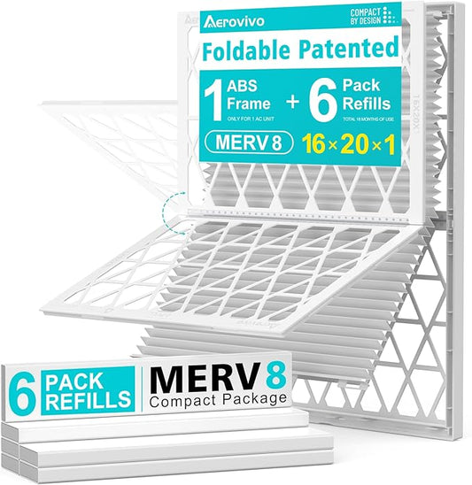 16x20x1 Refillable Air Filter Kit, MERV 8, 1 Reusable Foldable Frame ＆ 6 Refills, Fits Most AC HVAC Furnace Filter, Actual Size 15.75x19.75x0.75in