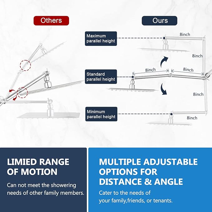 PDPBath All Metal 12" Rainfall Shower Head with 16" Upgrade Flexible Extension Arm, Shower Head with Handheld Combo,70" Extra Long Shower Hose, 3-Way Diverter, Chrome