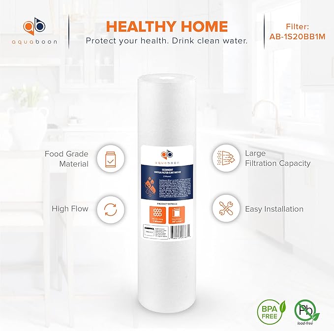Aquaboon 1 Micron 20" Sediment Water Filter Replacement Cartridge | Whole House Sediment Filtration | Compatible with AP810-2, SDC-45-2005, FPMB5-20, P5-20, FP25B, 155358-43, 2 Pack