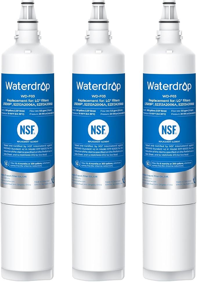 Waterdrop 5231JA2006A Replacement for LG® LT600P® Refrigerator Water Filter, fml-2, KENMORECLEAR® 46-9990, KENMORE® 9990, 5231JA2006B, RWF1000A, LFX25960ST, LSC27931ST, 3 Filters