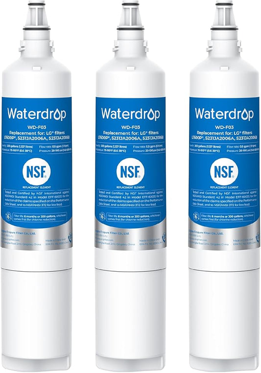 Waterdrop 5231JA2006A Replacement for LG® LT600P® Refrigerator Water Filter, fml-2, KENMORECLEAR® 46-9990, KENMORE® 9990, 5231JA2006B, RWF1000A, LFX25960ST, LSC27931ST, 3 Filters
