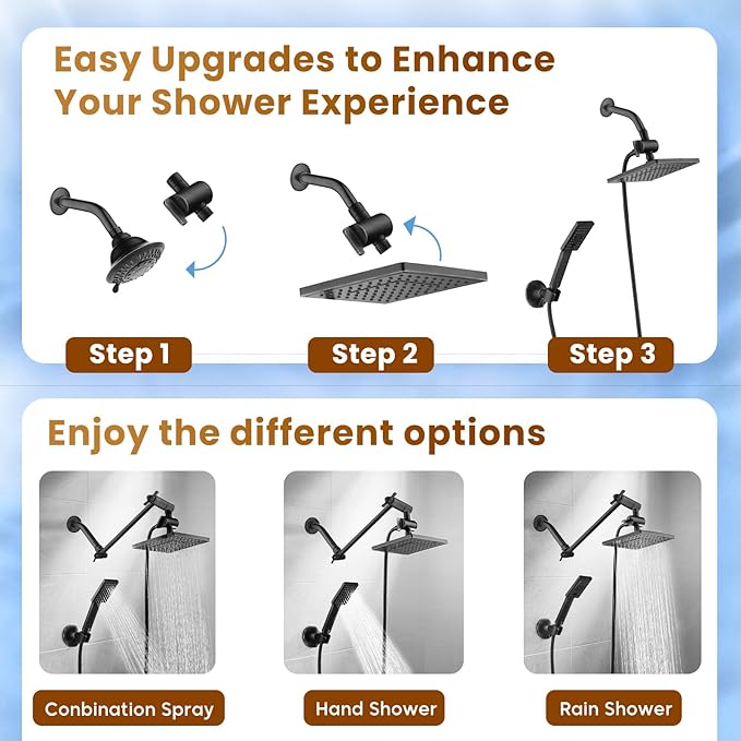 BRIGHT SHOWERS Rain Shower Head with Handheld Spray, High Pressure Square Showerhead Combo with Rainfall & Handheld, Detachable Dual Shower with Anti-Clog Nozzles, 60" Hose, Matte Black