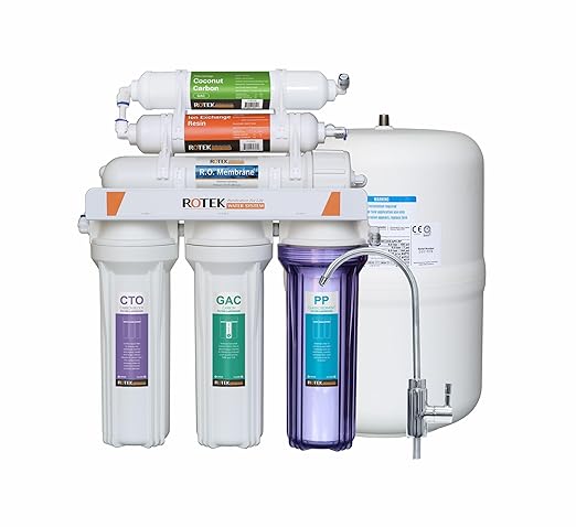 Rotek Water Systems Reverse Osmosis Water Filtration System, Under Sink 6-Stage ION RO Water Filter System, No Pump, Contains Leak Stop Valve, 100 GPD, Deioniization