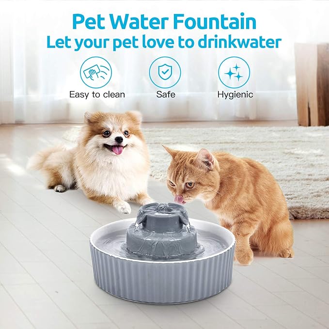 2.1L Ceramic Cat Water Fountain-for Cats and Dogs, 360 Ceramic Pet Fountain-70 Oz Large Water Capacity - Whisper-Quiet Water Flow-Great for Shy or Timid Pets - Fresh, Filtered Water (Grey)