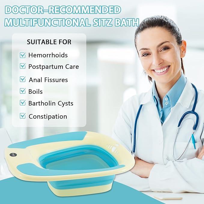 Sitz Bath, Sitz Bath for Hemorrhoids, Sitz Bath for Toilet Seat, Sitz Bath for Postpartum Care, Sits Bath Tub for Women Men Adults, Sitz Bath Soak Salts Basin, Hip Bath Bowl, Foldable, Blue