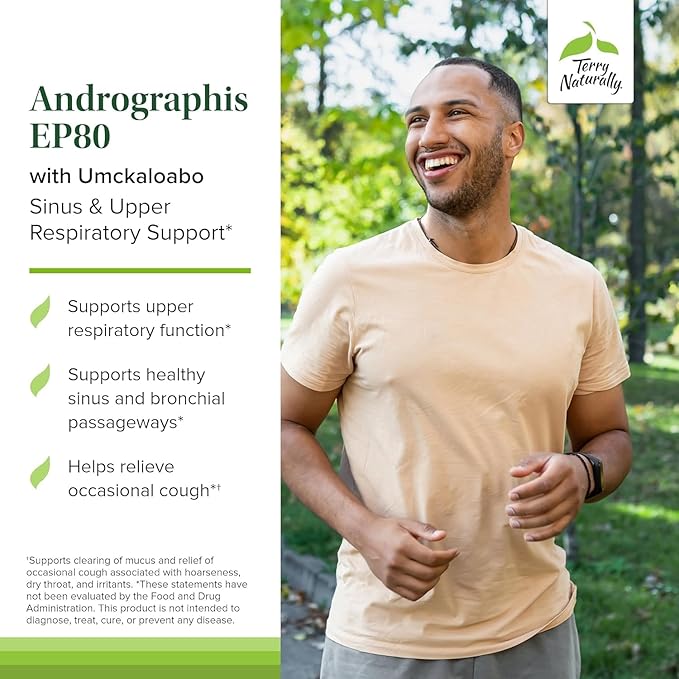 Terry Naturally Andrographis EP80 with Umckaloabo - Sinus Health Support - Supplement to Support Mucus Relief & Respiratory Function - Vegan Capsules to Aid Immune Health - 60 Capsules (60 Servings)