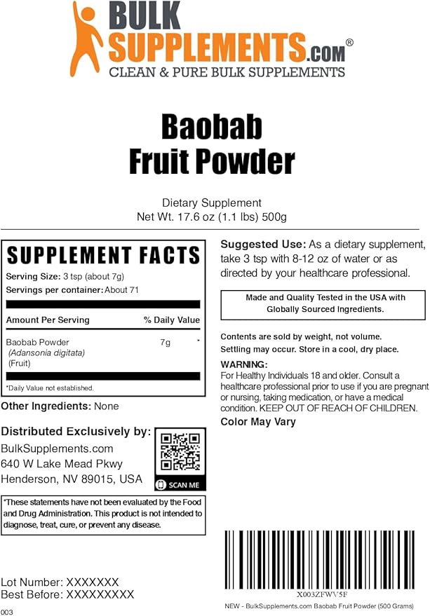 BulkSupplements.com Baobab Fruit Powder - Baobab Supplement, Antioxidant Supplement - Gluten Free, 7g per Serving, 500g (1.1 lbs) (Pack of 1)
