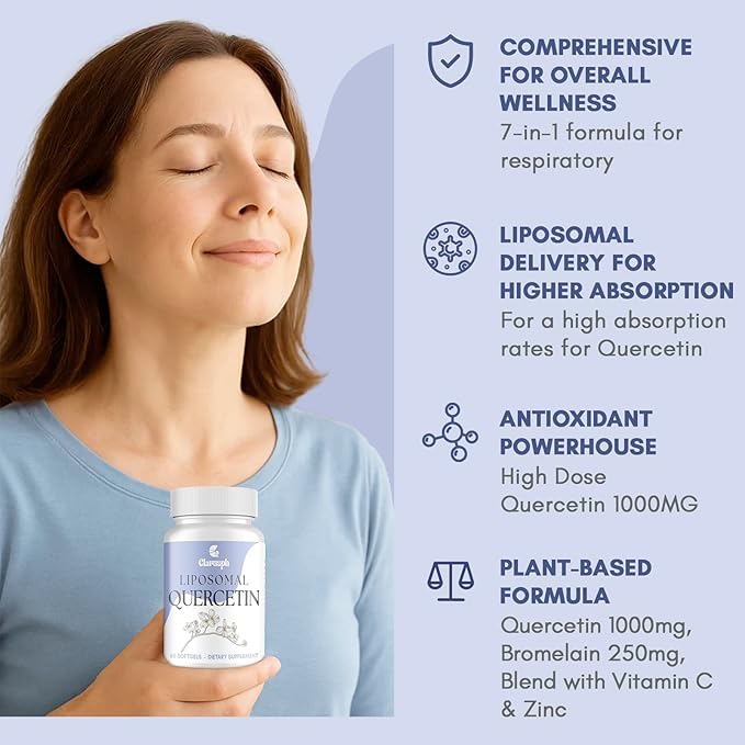 Liposomal Quercetin Supplement for Respiratory & Seasonal Challenges | Quercetin with Bromelain 1000mg - Blend with Vitamin C & Zinc | Bioflavonoids, 60 Softgels