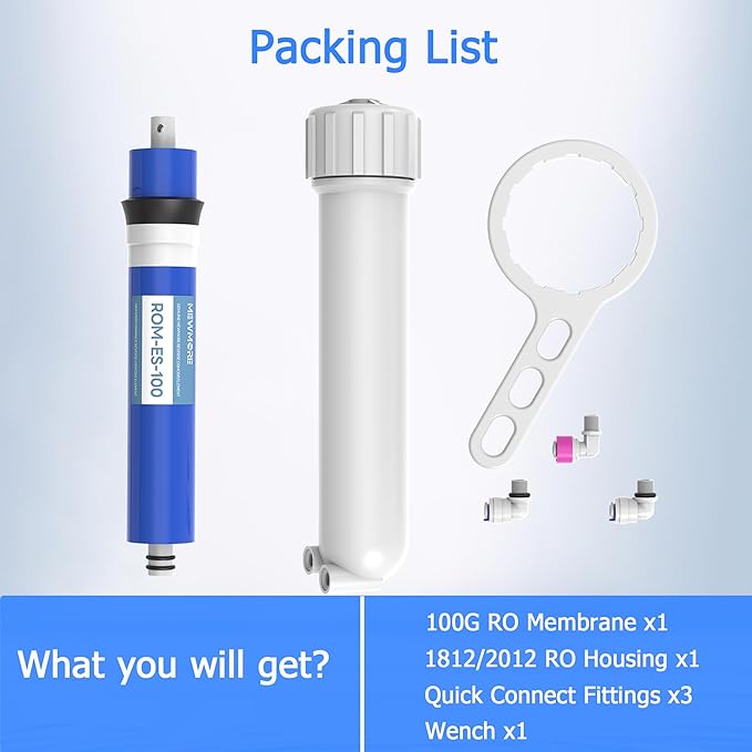 100 GPD RO Membrane Filter with Housing, Replacement Reverse Osmosis Membrane Fit Home Under Sink RO Drinking Water Filter Purifier Filtration System with Wrench, 1/4" Fitting, Check Valve