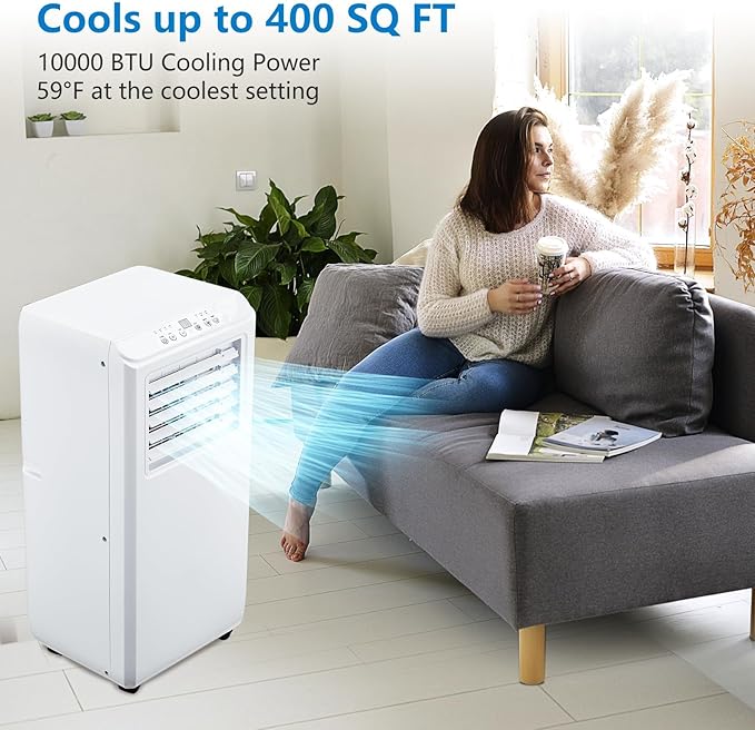 10,000 BTU Portable Air Conditioner for Rooms Up to 450 Sq.Ft, 3-In-1 Cooling, Dehumidifier & Fan with Remote, Ultra-Quiet 45dB, 24H Timer, Energy-Efficient & Easy-Move Design, White